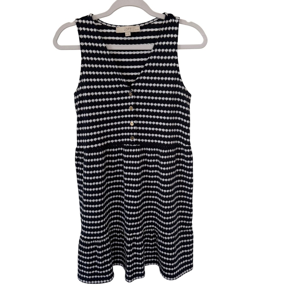 Loft Jacquard Dress Navy Blue White Button V-Neck Sleeveless Dress XSP XS Petite - Picture 3 of 14
